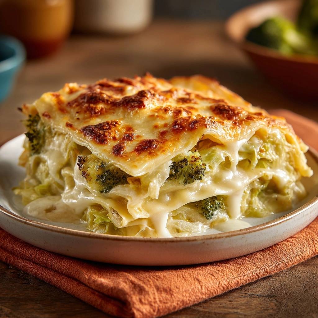 Cremige Brokkoli-Lasagne im Anschnitt mit geschmolzenem Käse und Nudelplatten, nahaufnahme