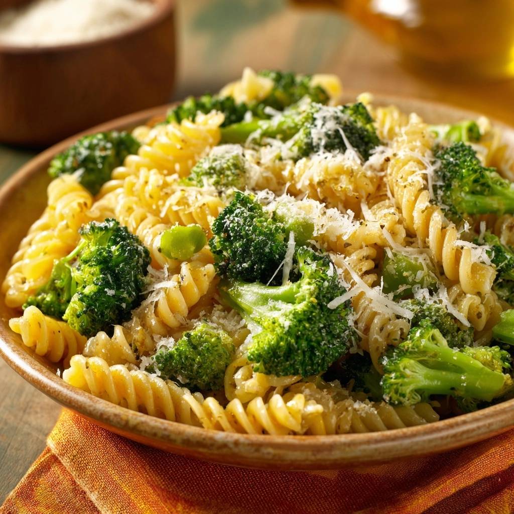 Cremige Brokkoli Pasta Detail Nahaufnahme 1 Cremige Brokkoli-Pasta mit geriebenem Parmesan und Spiralnudeln in einer Nahaufnahme.
