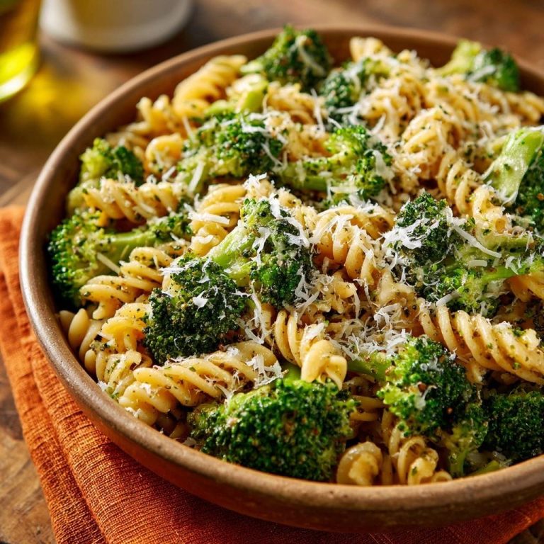 Cremige Brokkoli-Pasta mit geriebenem Käse und spiralförmiger Pasta in Nahaufnahme.