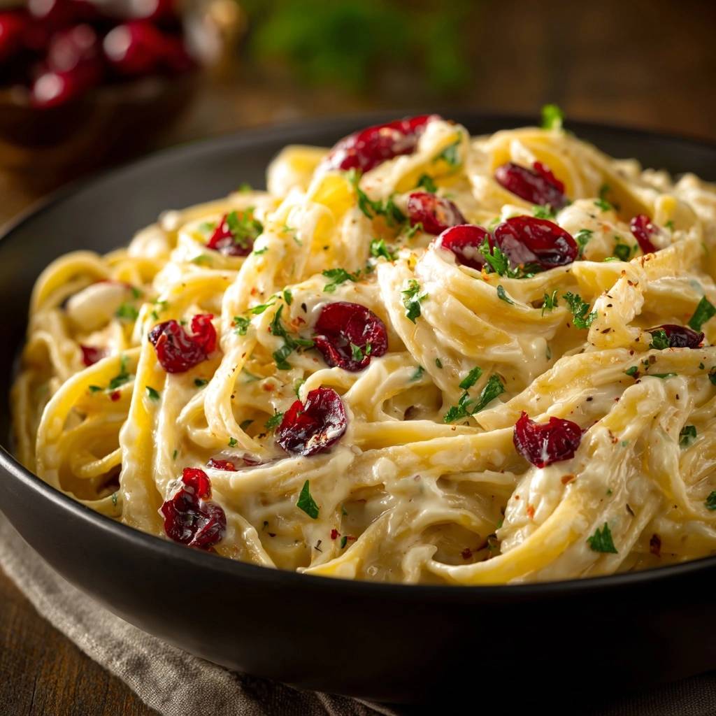 Cremige Cranberry Tagliatelle Detail Garniert 1 Cremige Cranberry-Tagliatelle mit frischer Petersilie und getrockneten Cranberries, detailreich garniert in einer schwarzen Schüssel.