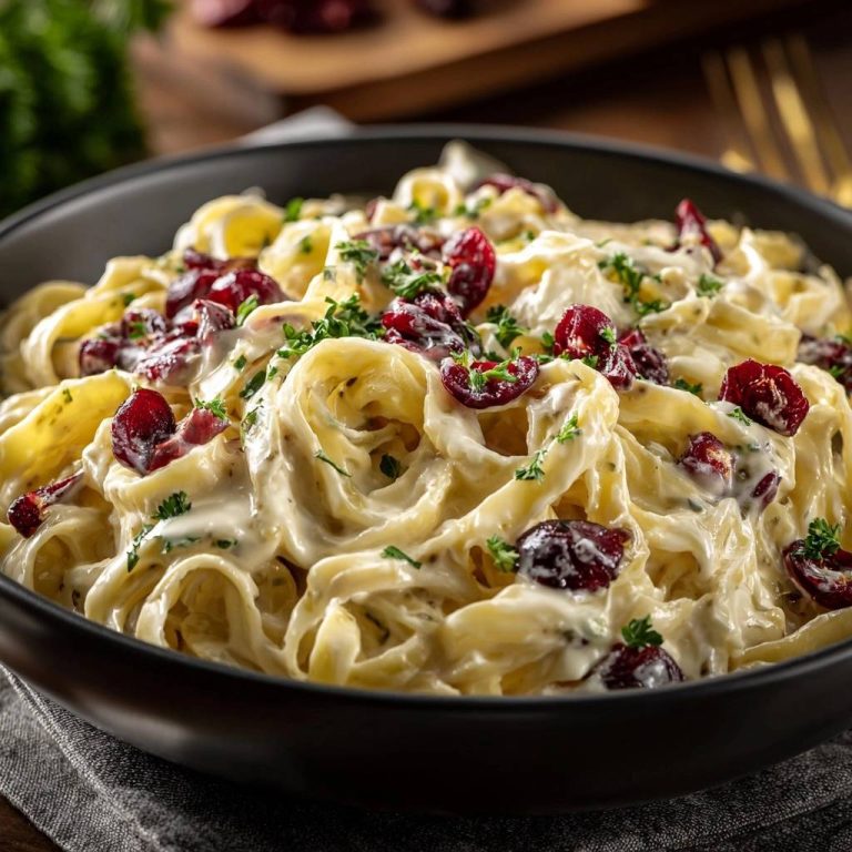 Cremige Cranberry-Tagliatelle in einer Schüssel mit frischer Petersilie und Cranberries, eine Nahaufnahme der cremigen Soße.