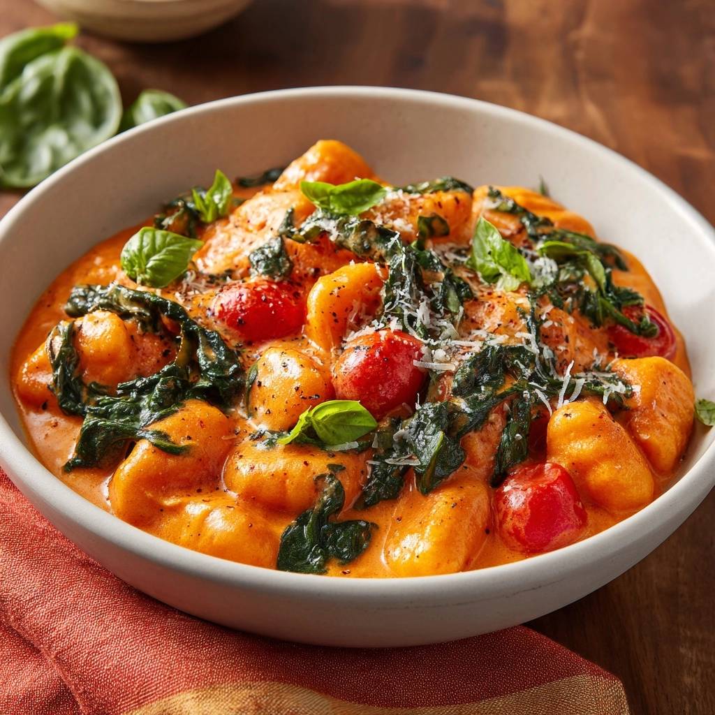 Cremige Gnocchi mit Spinat und Tomaten, serviert in einer Schüssel mit frischem Basilikum und geriebenem Parmesan.