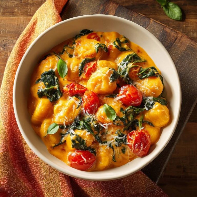 Cremige Gnocchi mit Spinat und Tomaten in einer Schüssel, nahaufnahme der Textur und des cremigen Gerichts.