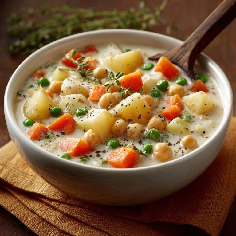 Cremige Kartoffel-Gemüse-Suppe mit Kichererbsen als Detailaufnahme mit Löffel und Kräutern garniert.