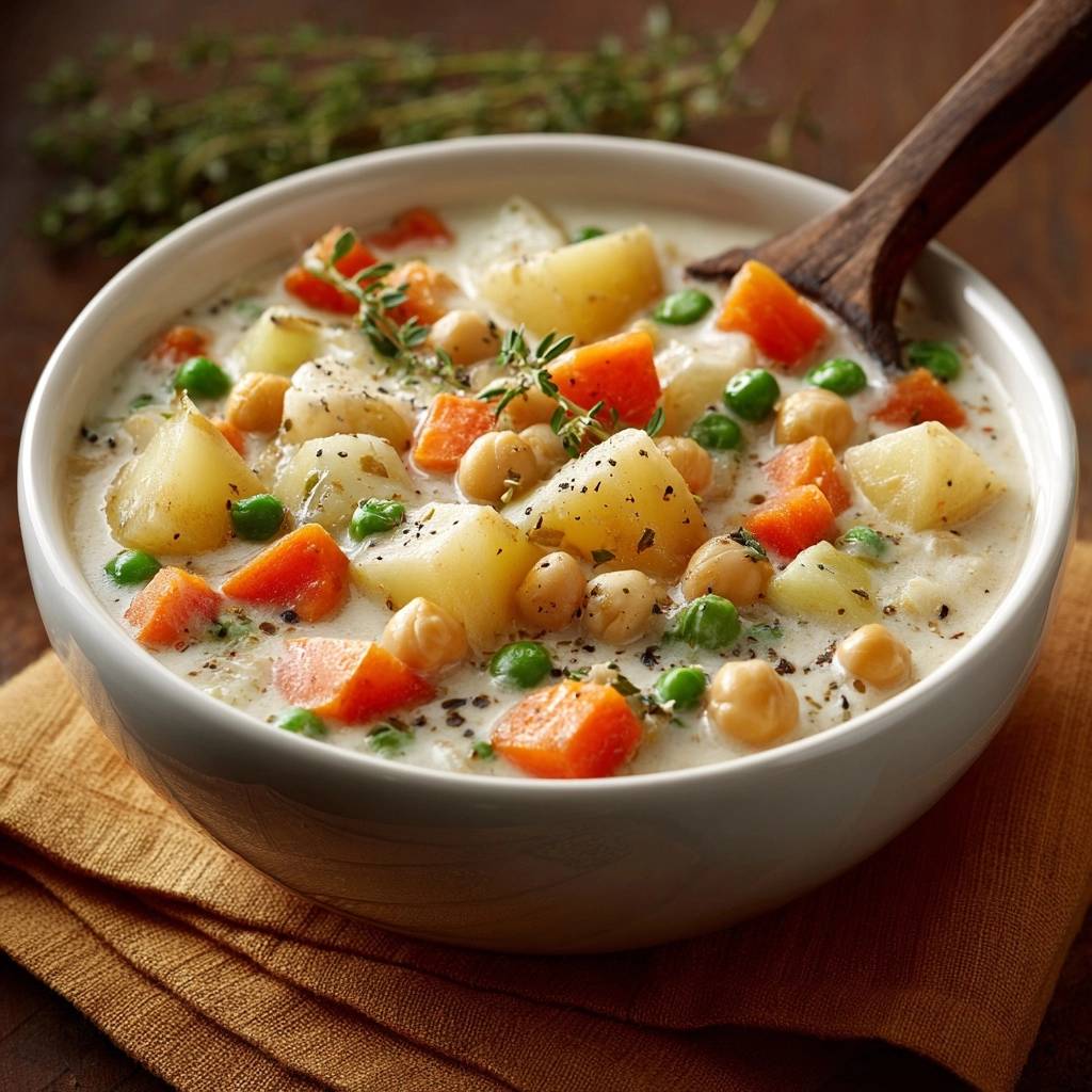 Cremige Kartoffel-Gemüse-Suppe mit Kichererbsen als Detailaufnahme mit Löffel und Kräutern garniert.