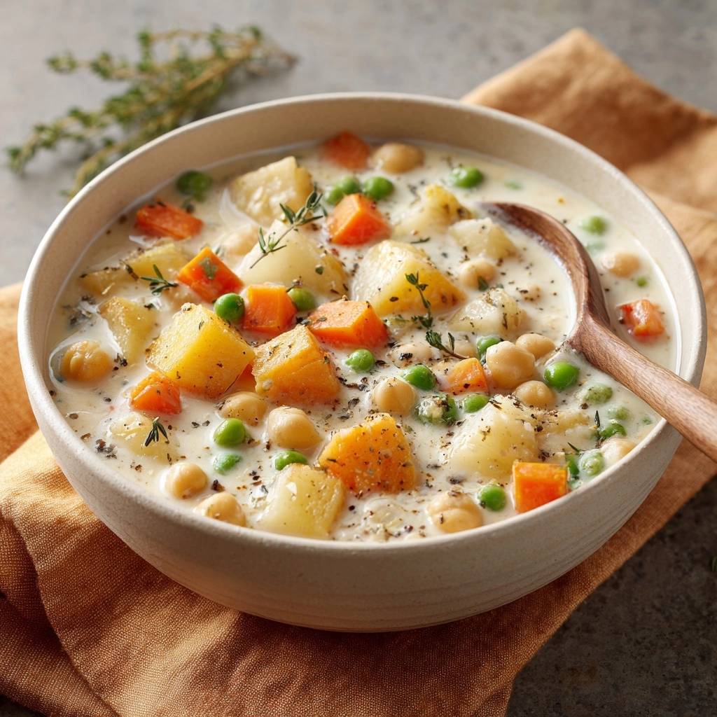 Cremige Kartoffel Gemuese Suppe Nahaufnahme 1 Cremige Kartoffel-Gemüse-Suppe mit Kichererbsen, nahaufnahme der stückigen Kartoffeln, Karotten und Erbsen in der cremigen Brühe.