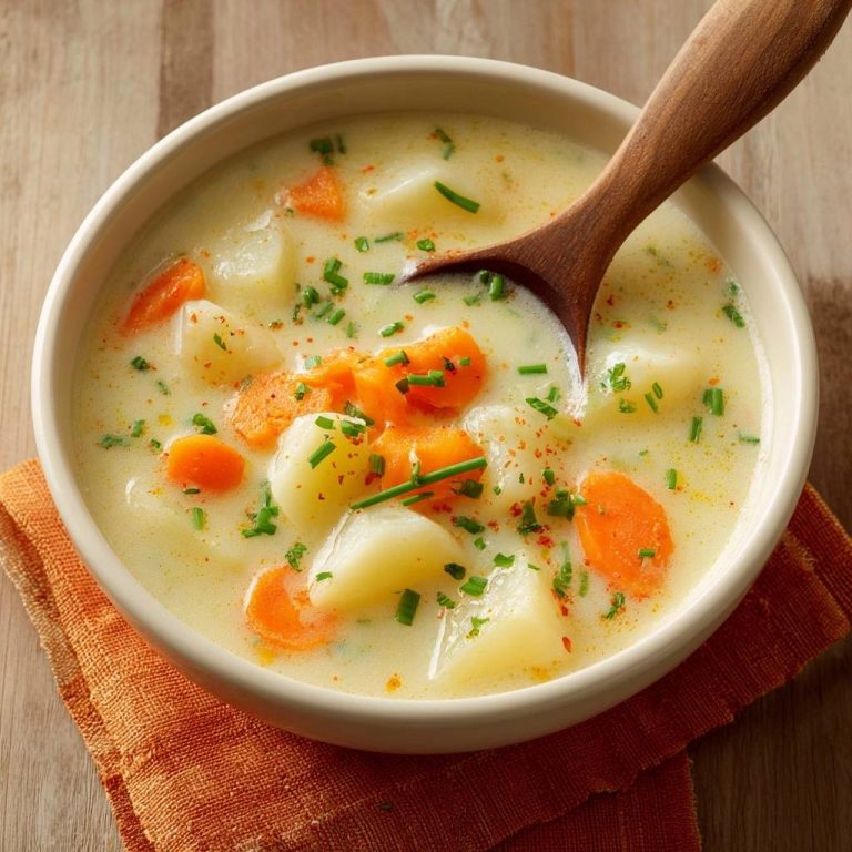 Cremige Kartoffel-Karottensuppe mit einem Holzkochlöffel und frischen Kräutern garniert, nahaufnahme