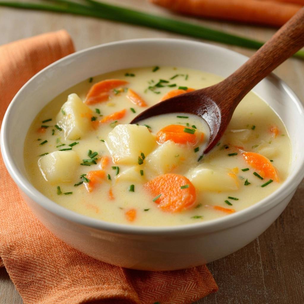 Cremige Kartoffel-Karottensuppe mit einem Holzloeffel, der eine Portion aus der Schale hebt.