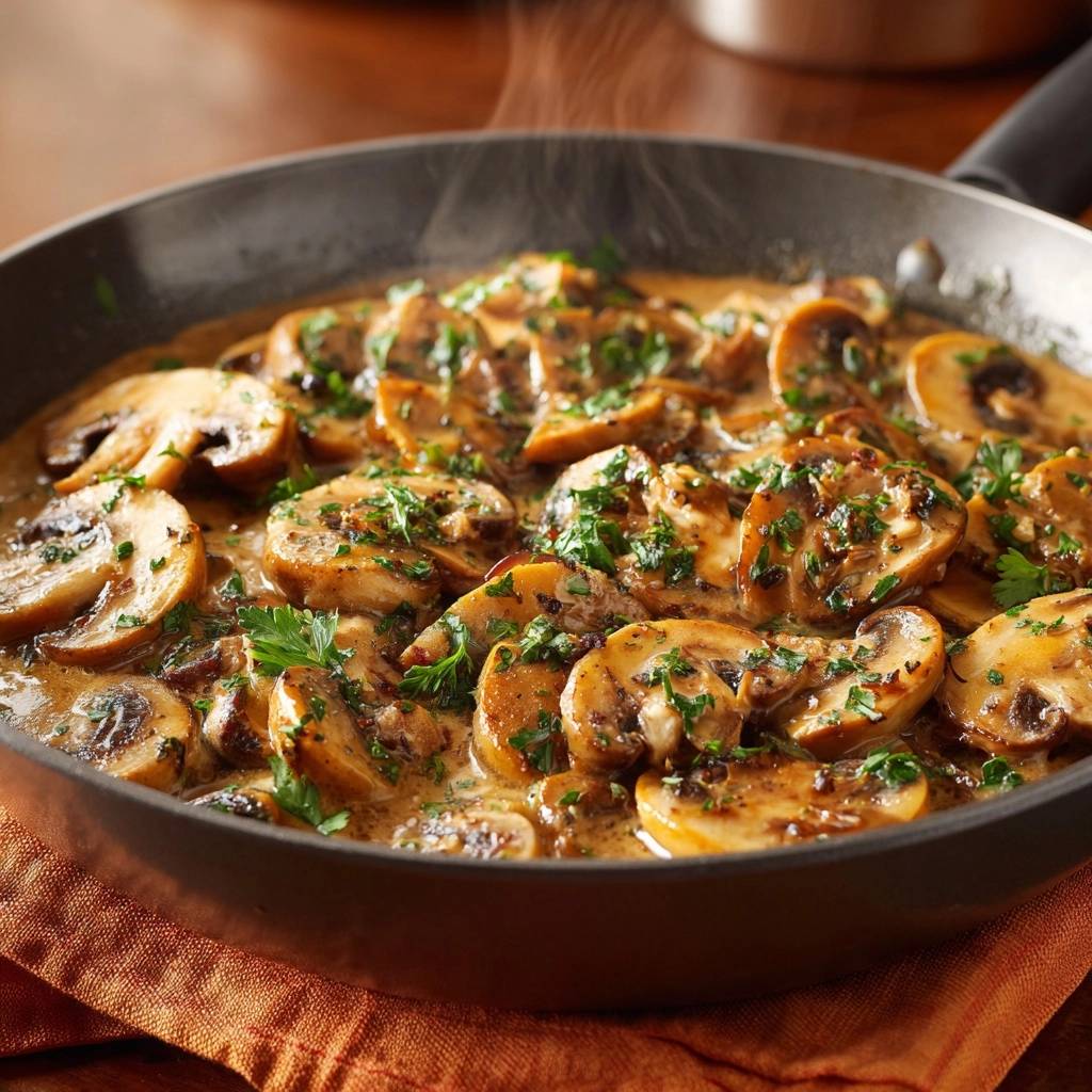 Cremige Knoblauch Champignons Heiss In Pfanne 1 Cremige Knoblauch-Champignons werden dampfend in einer Pfanne mit gehackter Petersilie garniert serviert.