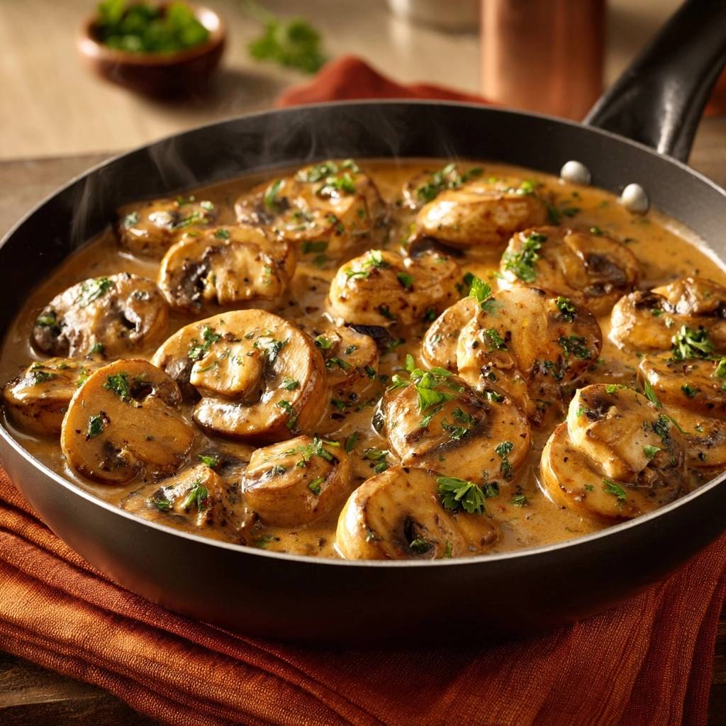 Cremige Knoblauch-Champignons in einer Pfanne, garniert mit frischer Petersilie und dampfend heiß serviert.