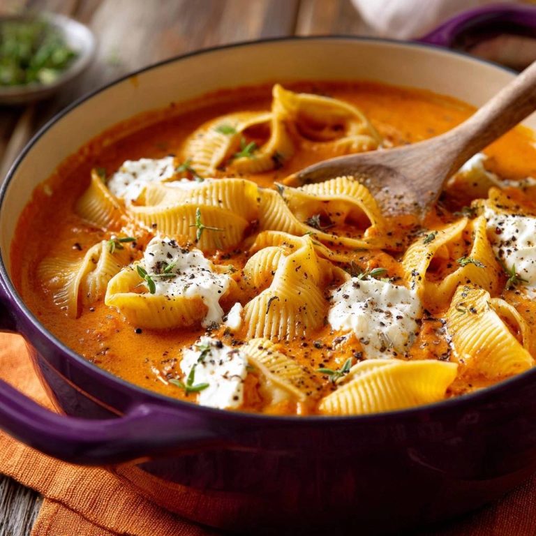 Cremige Kürbis-Conchiglie mit Feta, nahaufnahme der gefüllten Nudeln in der Sauce mit Feta-Klecks und Kräutern.