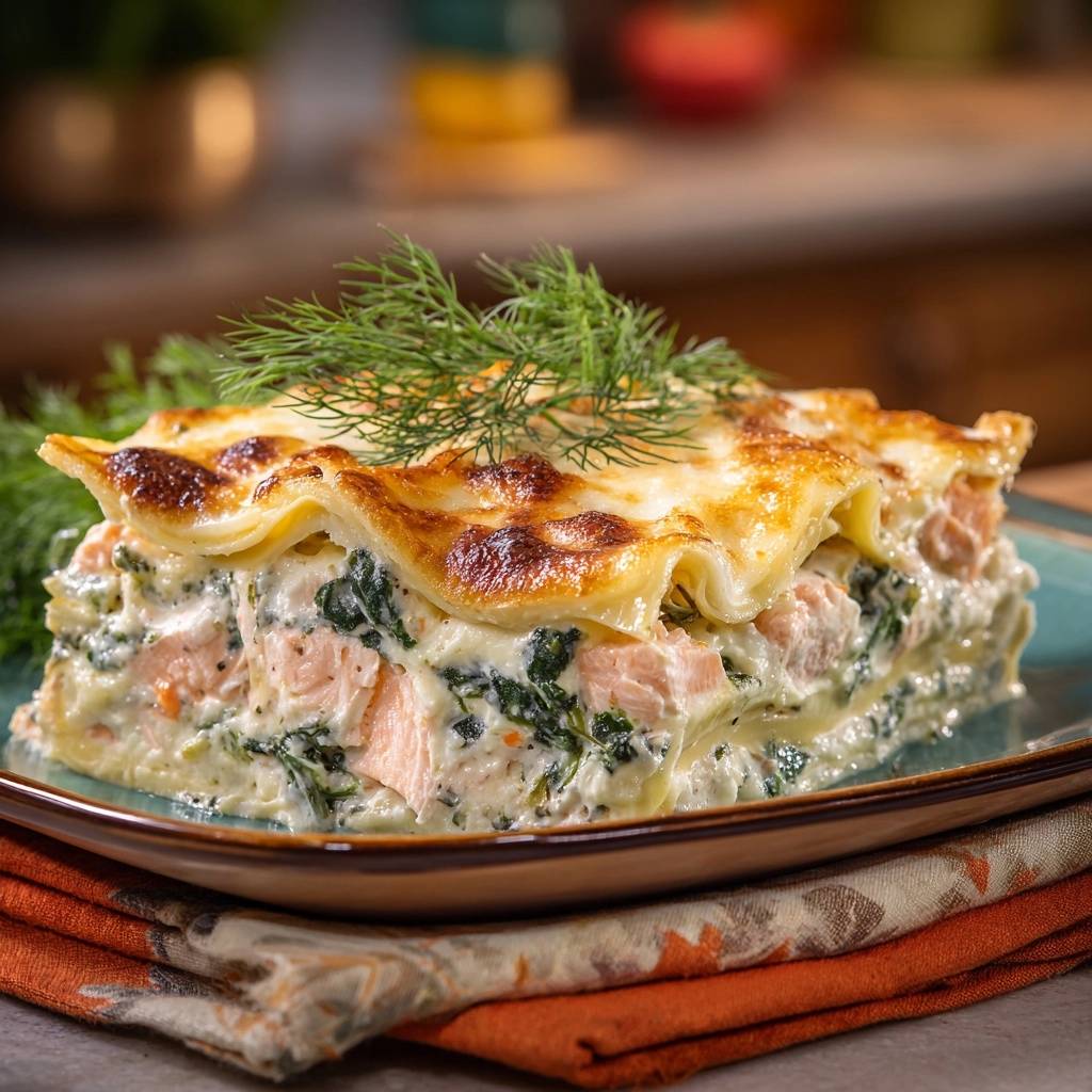 Cremige Lachs-Spinat-Lasagne im Anschnitt mit geschmolzenem Käse und Dill garniert.