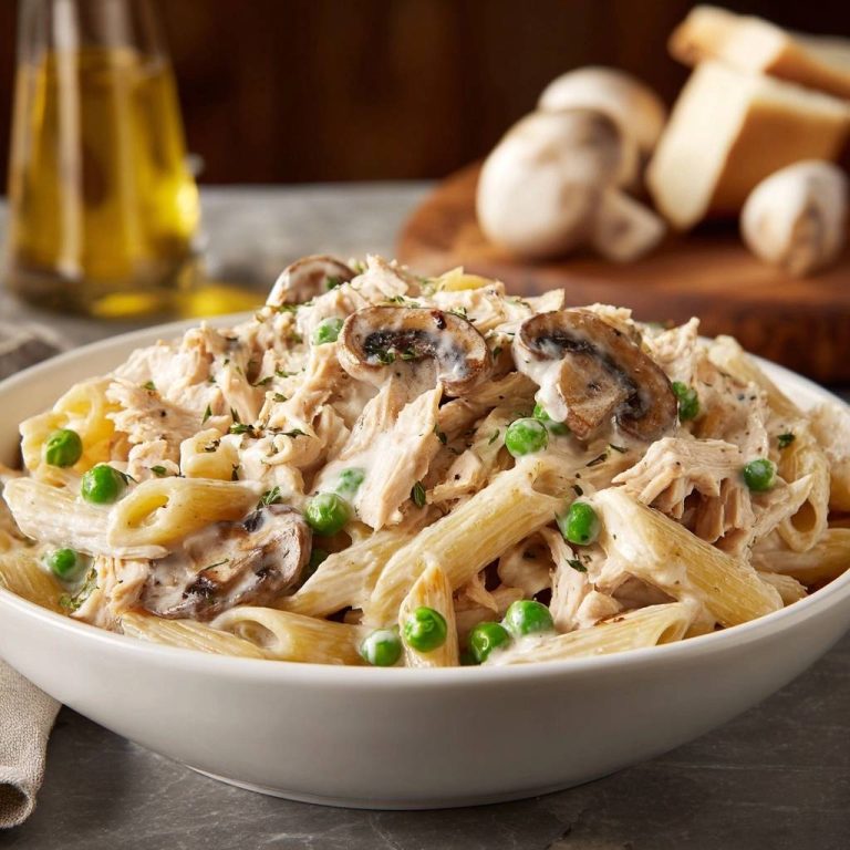 Cremige Penne mit Hähnchen und Pilzen in einer Schüssel, Nahaufnahme der cremigen Sauce mit Hähnchenstücken, Pilzen und Erbsen.