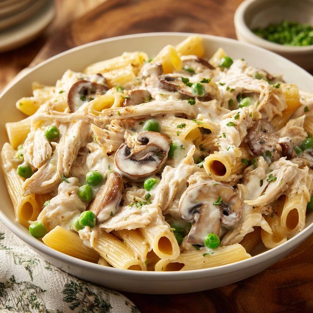 Cremige Penne mit Hähnchen und Pilzen, eine detailreiche Nahaufnahme der cremigen Sauce mit Penne, Hähnchenstücken, Pilzen und Erbsen.