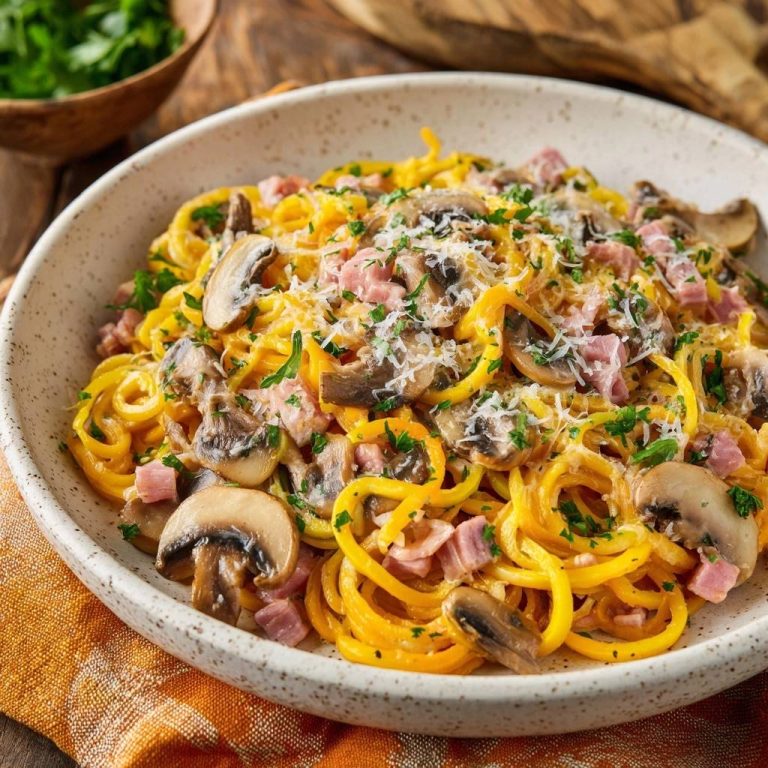Cremige Pilz-Pasta mit Schinken, serviert in einer Schüssel mit frischer Petersilie und Parmesan garniert.