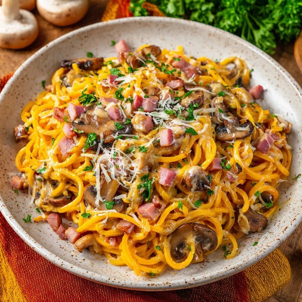 Cremige Pilz-Pasta mit Schinken, nah aufgenommen und mit frischer Petersilie und geriebenem Käse garniert.