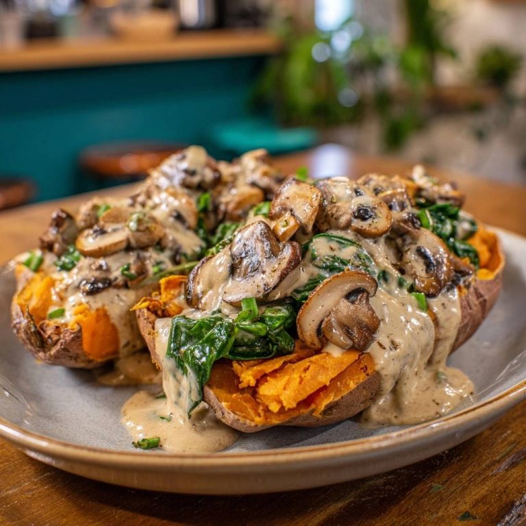 Cremige Pilz-Spinat-Süßkartoffeln als Nahaufnahme auf einem Teller mit cremiger Sauce und Pilzen.