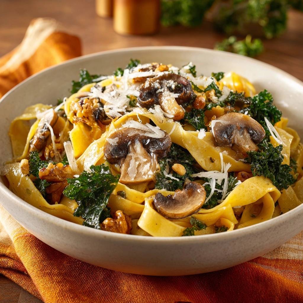 Cremige Pilz-Tagliatelle mit Grünkohl, Nahaufnahme der Pasta mit Pilzen, Grünkohl und Walnüssen, bestreut mit Parmesan.