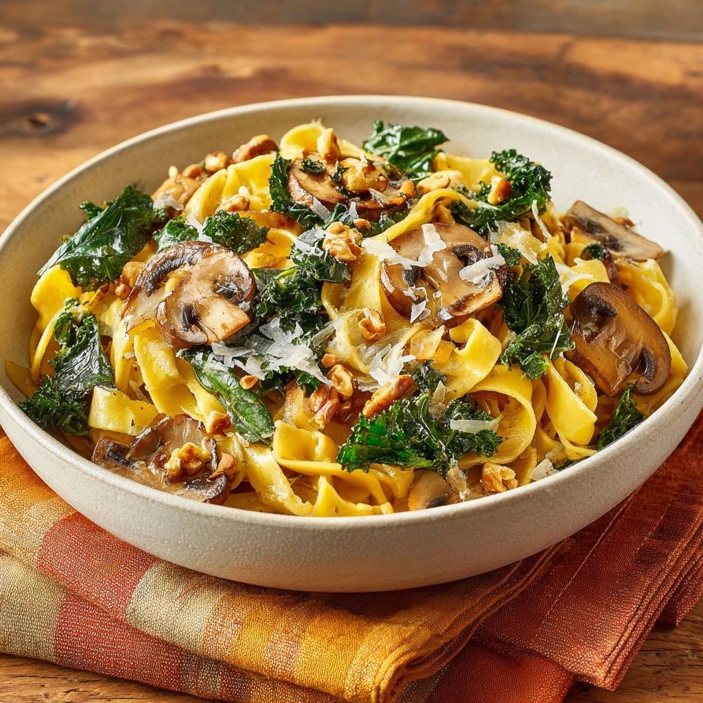 Cremige Pilz Tagliatelle Mit Gruenkohl Nahaufnahme 1 Cremige Pilz-Tagliatelle mit Grünkohl, eine Nahaufnahme der Nudeln mit Pilzen, Grünkohl und Nüssen, garniert mit Parmesan.
