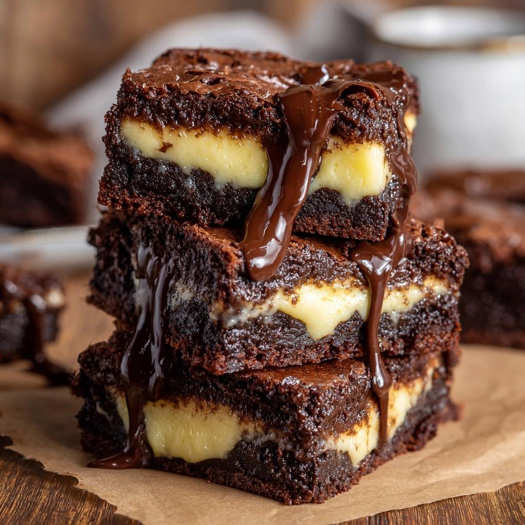 Cremige Schoko Cheesecake Brownies Gestapelt Mit Glaze 1 Cremige Schoko-Cheesecake-Brownies gestapelt, mit flüssiger Schokoladenglasur darüber und innen cremigem Käsekuchen-Kern.