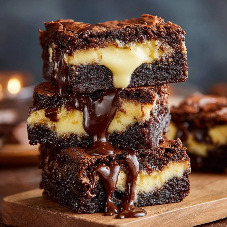 Cremige Schoko-Cheesecake-Brownies gestapelt mit fließender Schokoglasur und cremigem Kern, Nahaufnahme