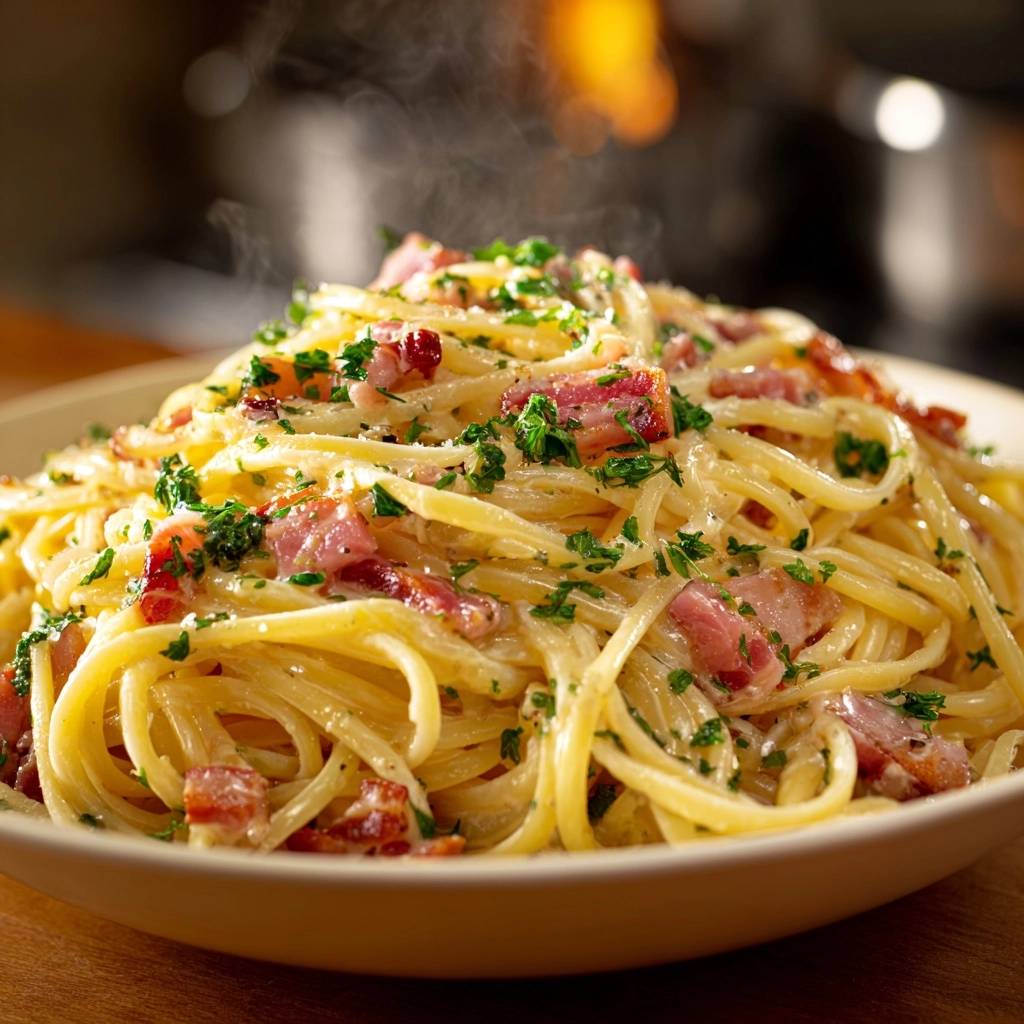 Cremige Spaghetti Carbonara Dampf Und Speck 1 Cremige Spaghetti Carbonara mit Speck und Petersilie, die aus einer Schüssel mit aufsteigendem Dampf serviert werden.