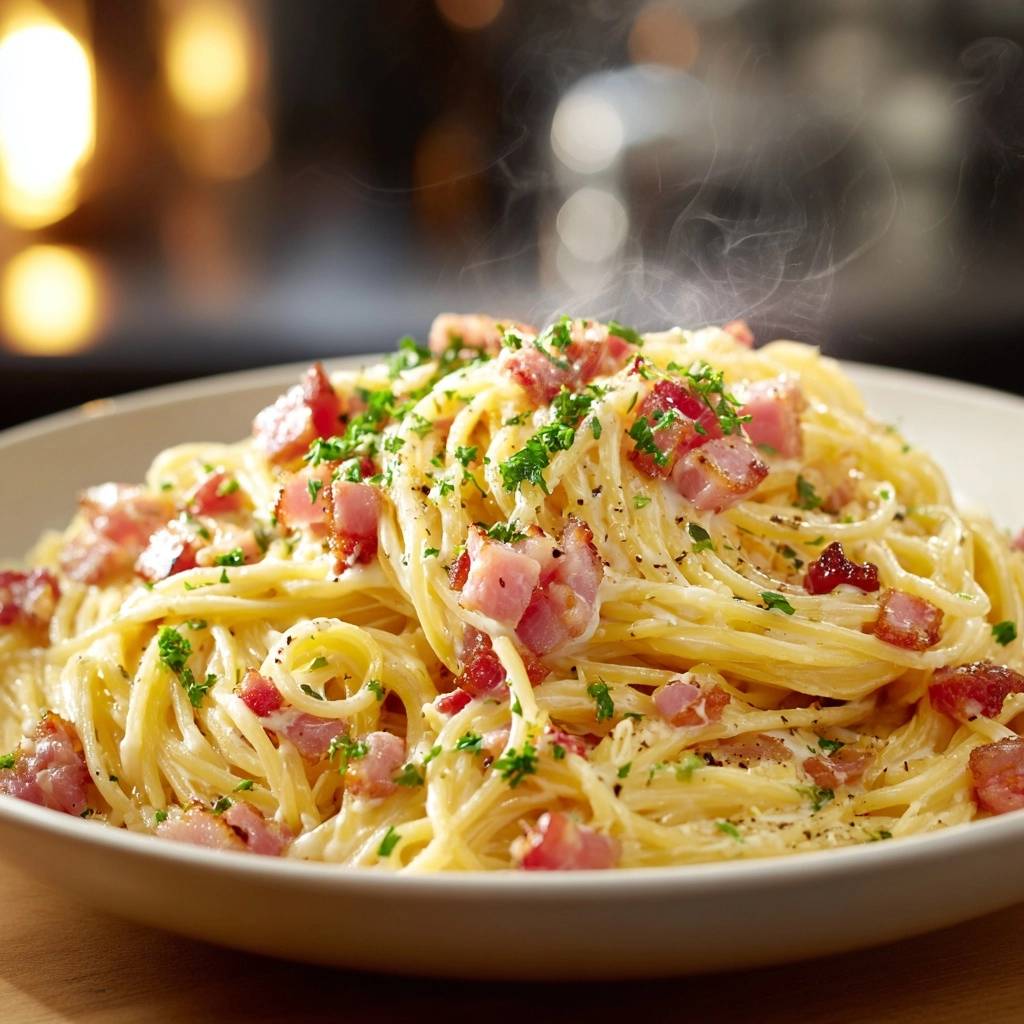 Cremige Spaghetti Carbonara mit Speck und Petersilie, dampfend serviert im Teller mit Nahaufnahme der Textur.