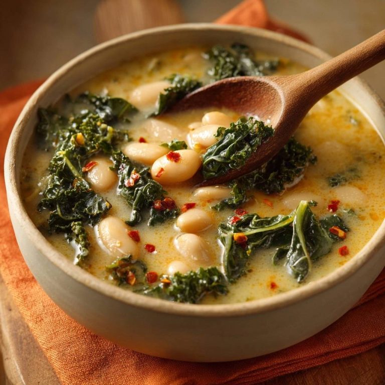 Cremige weiße-bohnen-grünkohl-suppe mit einem Holzlöffel, der eine Portion aus der Schüssel hebt.