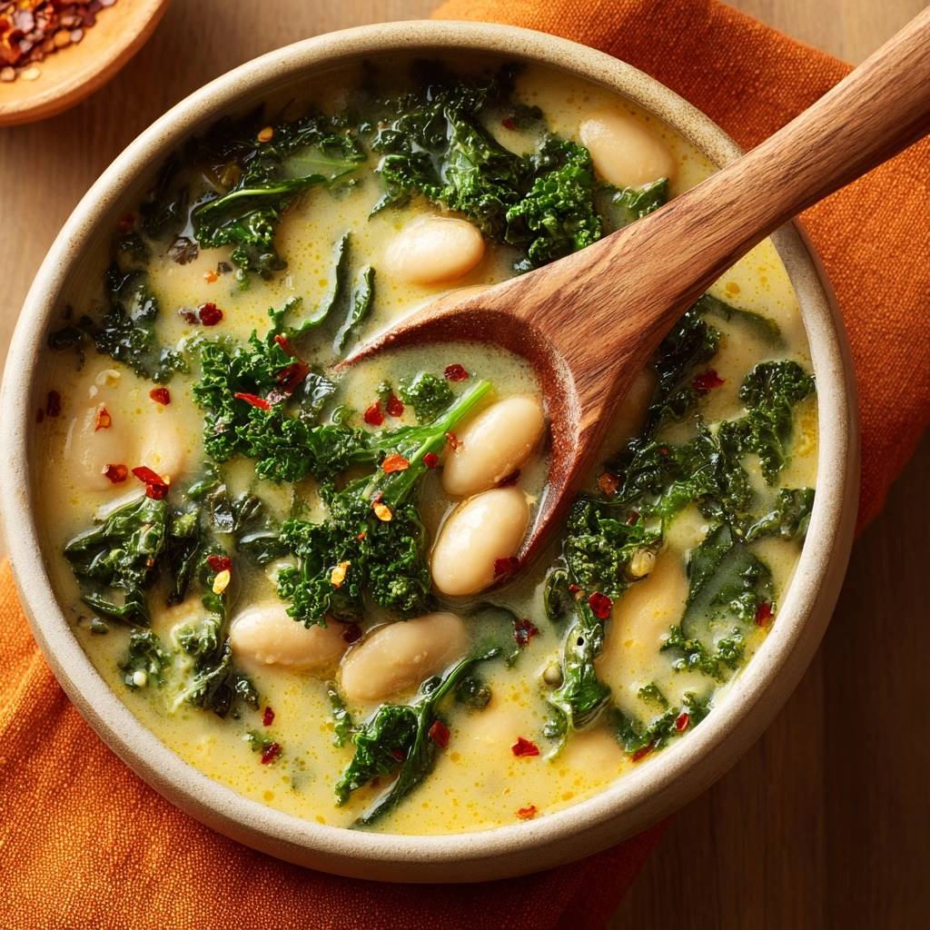 Cremige Weisse Bohnen Grnkohl Suppe Holzlffel Nahaufnahme 1 Cremige Weiße-Bohnen-Grünkohl-Suppe mit einem Holzlöffel, der eine Nahaufnahme der herzhaften Zutaten zeigt.