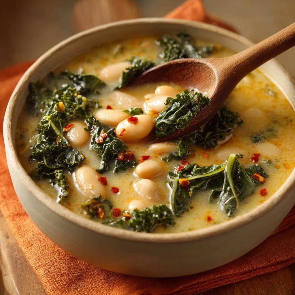 Cremige weiße-bohnen-grünkohl-suppe mit einem Holzlöffel, der eine Portion aus der Schüssel hebt.