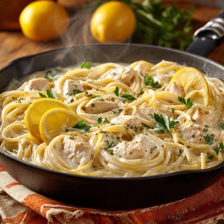 Cremige Zitronen-Hähnchen-Pasta, dampfend heiss in einer Pfanne serviert mit Zitronenscheiben und Petersilie garniert.