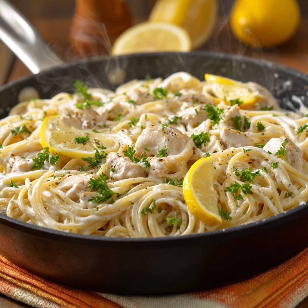 Cremige Zitronen-Hähnchen-Pasta mit frischer Petersilie und Zitronenscheiben in einer Pfanne garniert