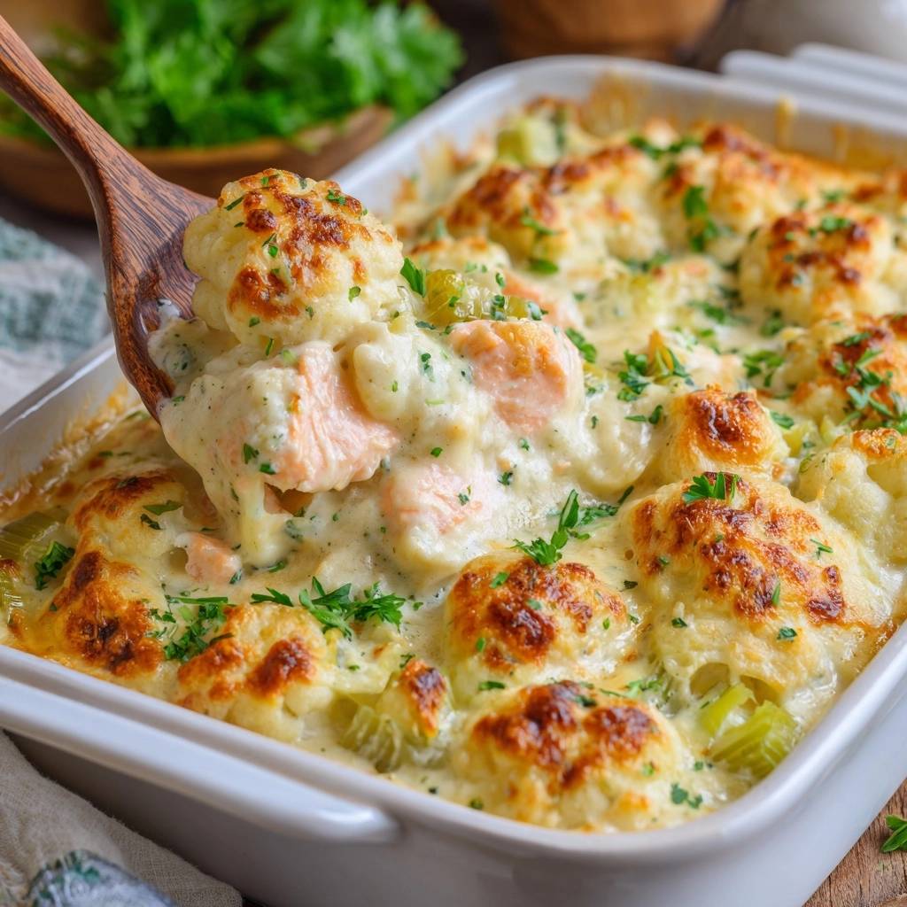 Cremiger Blumenkohl-Lachs-Auflauf mit einem Holzlöffel, der eine Portion aus dem Auflauf hebt.
