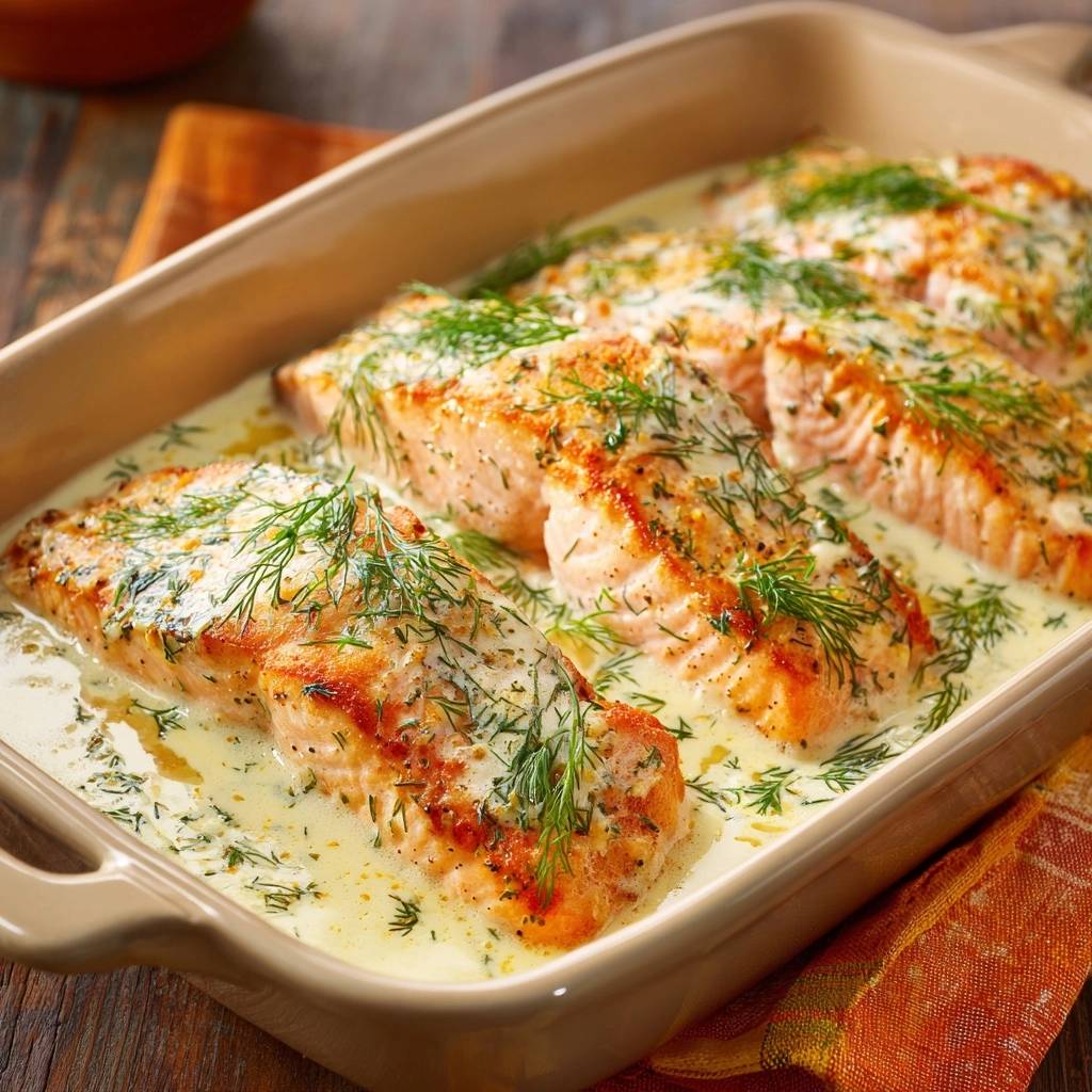 Cremiger Dill-Lachs-Auflauf – saftige Lachsfilets in cremiger Sauce, garniert mit frischem Dill.