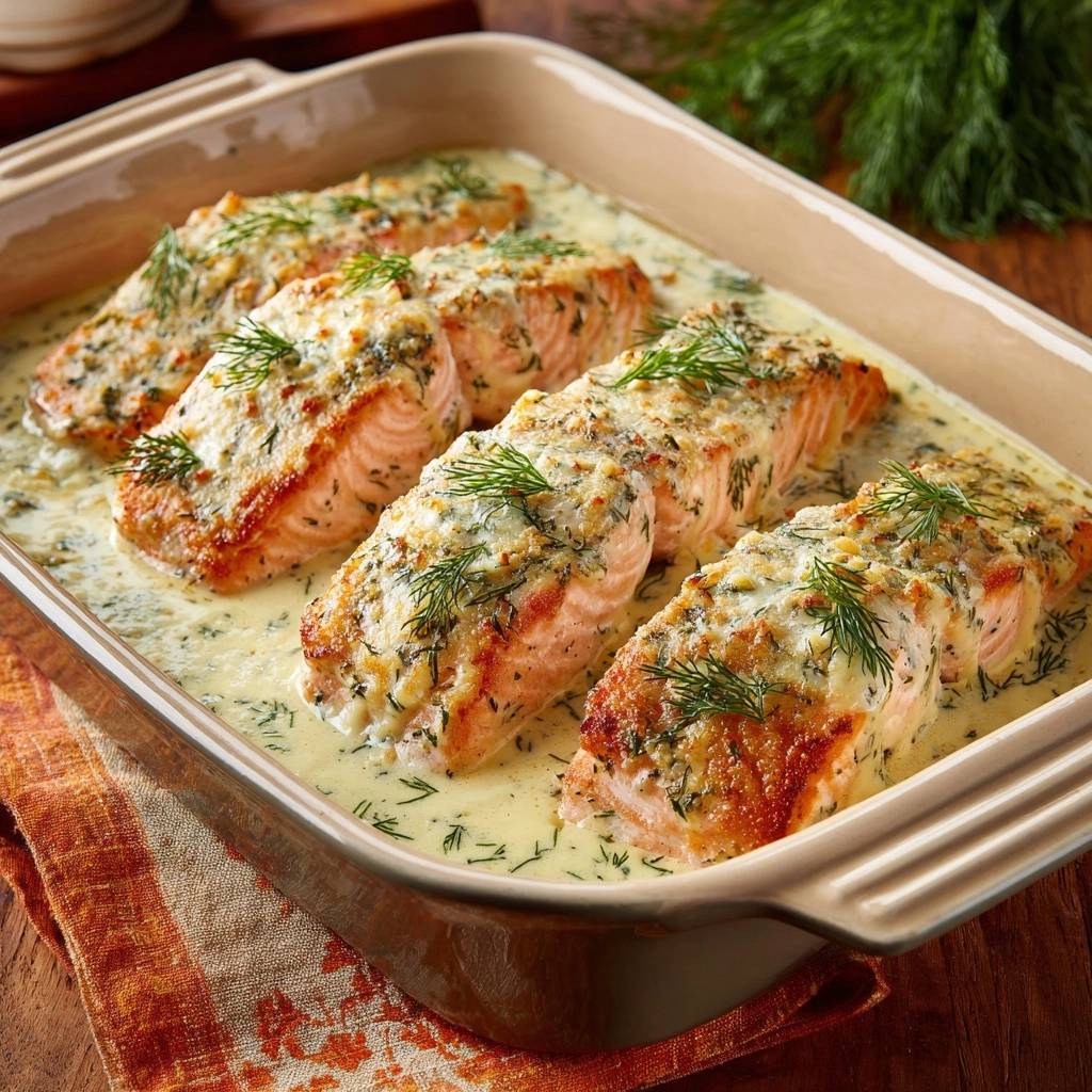 Cremiger Dill-Lachs-Auflauf – Saftiger Ofenlachs, serviert in einer cremigen Sauce in einer Keramikauflaufform.