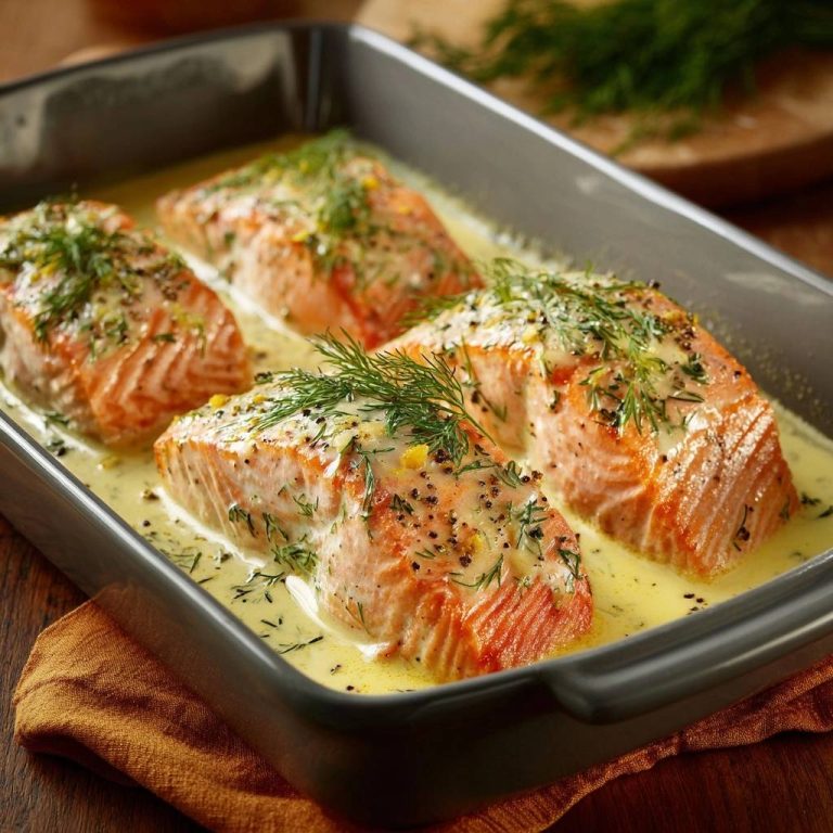Cremiger Dill-Lachs aus dem Ofen, vier saftige Lachsfilets im Auflauf mit Dill und Sauce