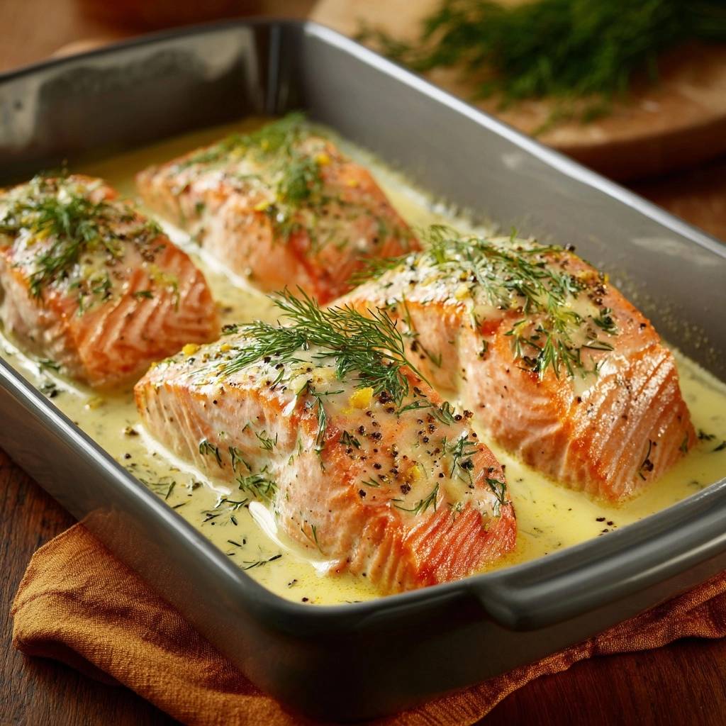 Cremiger Dill-Lachs aus dem Ofen, vier saftige Lachsfilets im Auflauf mit Dill und Sauce