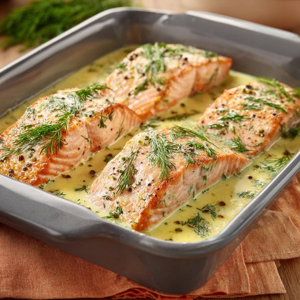 Cremiger Dill-Lachs aus dem Ofen saftig & einfach in einer Auflaufform mit Sauce und Dill garniert.