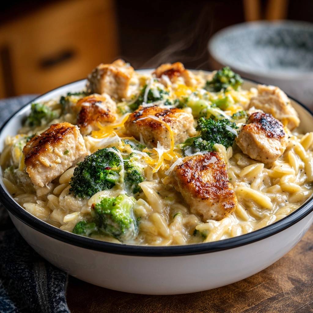 Cremiger Hähnchen-Brokkoli-Orzo in einer Schüssel, mit gebratenen Hähnchenstücken und geschmolzenem Käse garniert.