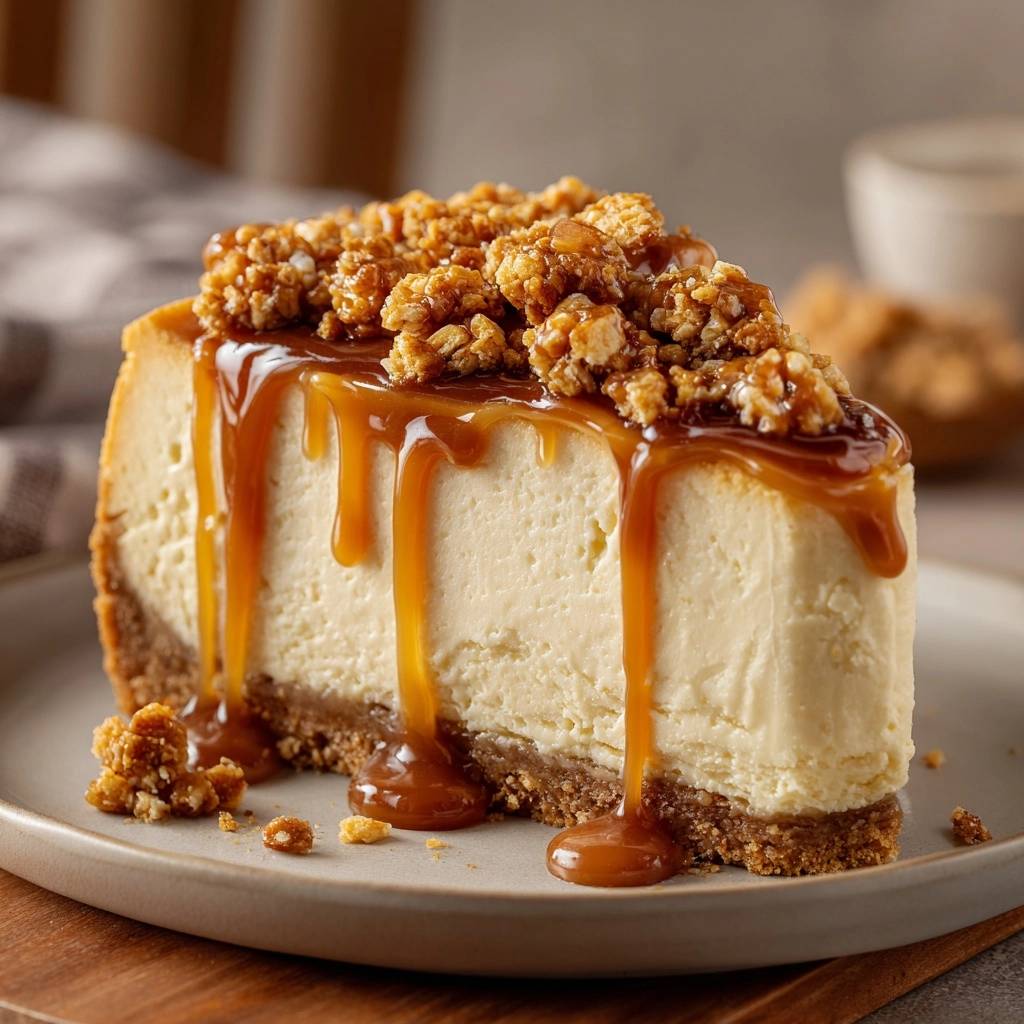 Cremiger Karamell Cheesecake Mit Streuseln Angeschnitten 1 Cremiger Karamell-Cheesecake mit Knusperstreuseln als angeschnittene Einzelportion mit Karamellsauce übergossen.
