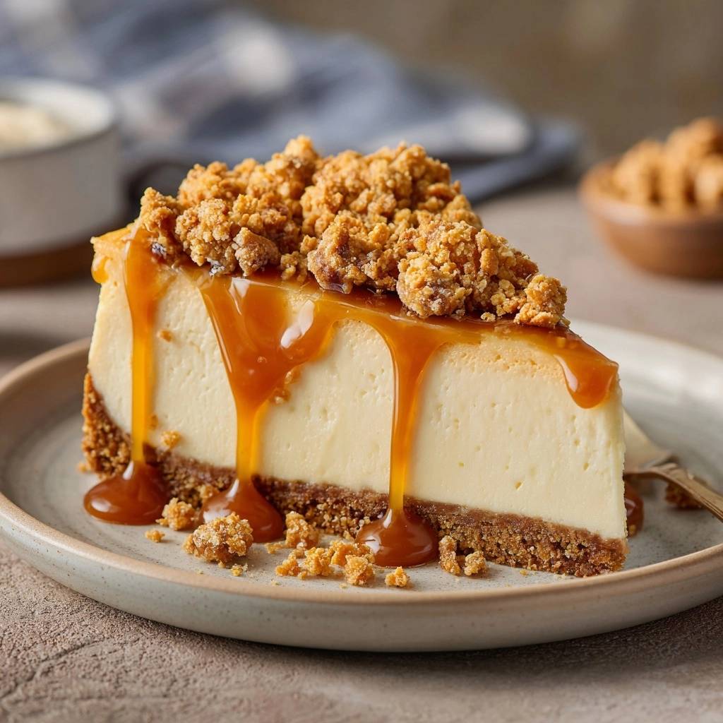 Cremiger Karamell-Cheesecake mit Knusperstreuseln, als Nahaufnahme auf einem Teller mit Karamell-Guss und Streuseln serviert.