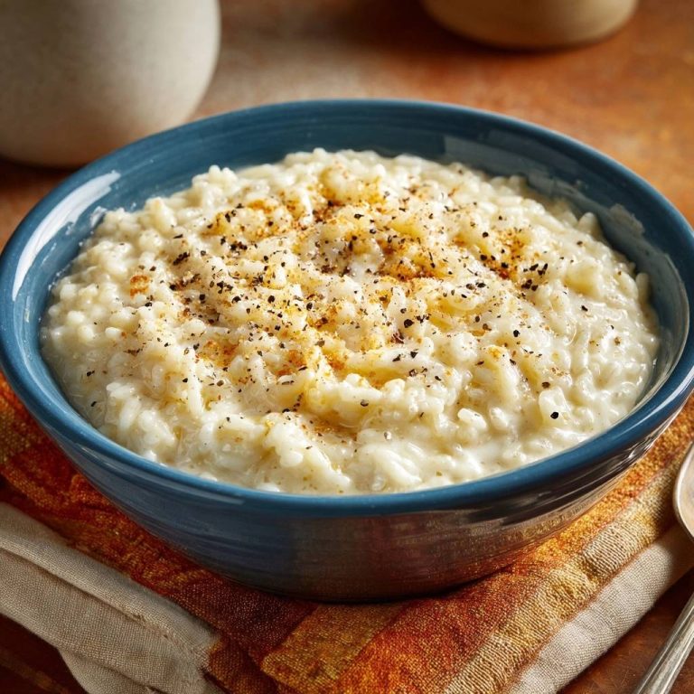 Cremiger Milchreis mit Pfeffer, nahaufnahme der Oberfläche mit Gewürzen bestreut.