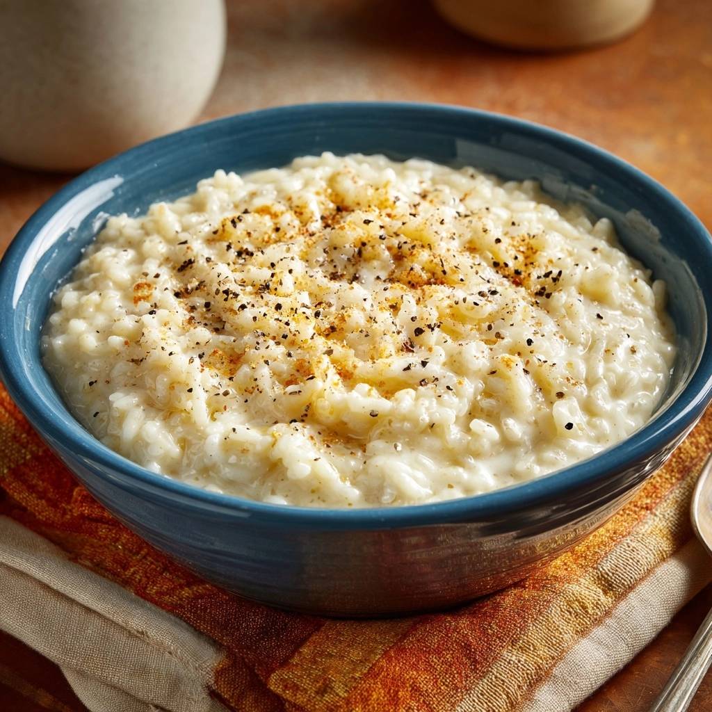 Cremiger Milchreis mit Pfeffer, nahaufnahme der Oberfläche mit Gewürzen bestreut.