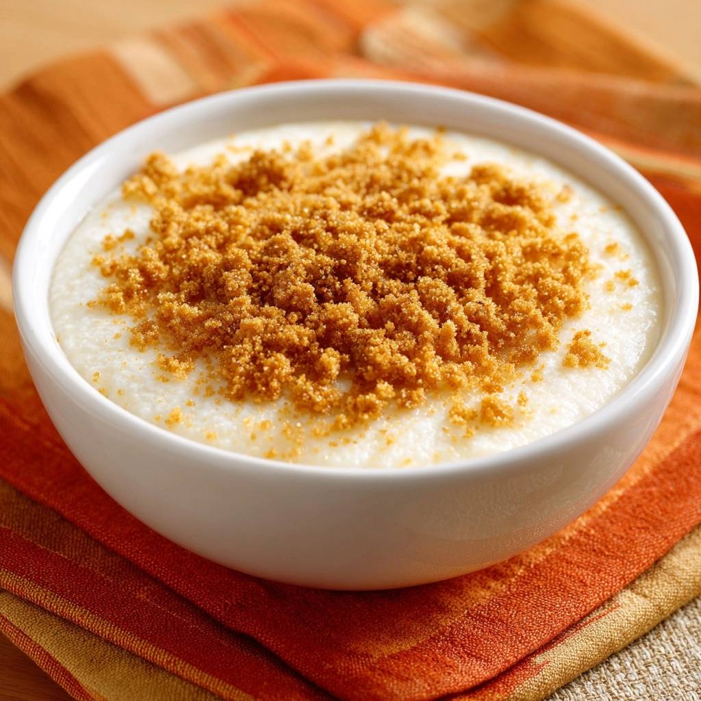 Cremiger Milchreis mit knusprigen Zimtkrümeln, Nahaufnahme der knusprigen Zimtstreusel-Garnitur auf dem Milchreis.
