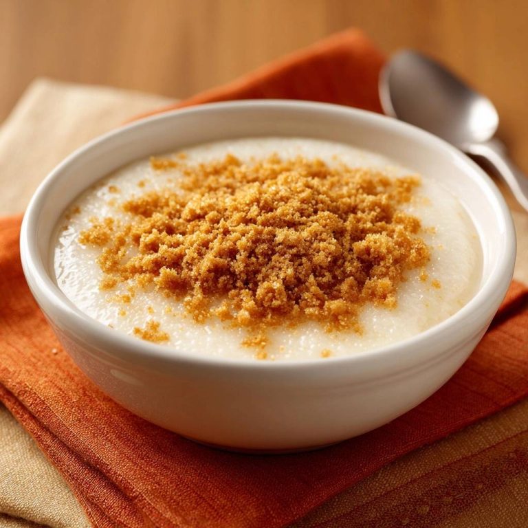 Cremiger Milchreis mit knusprigen Zimtkrümeln, Nahaufnahme der süßen Streusel-Garnitur auf dem Milchreis.