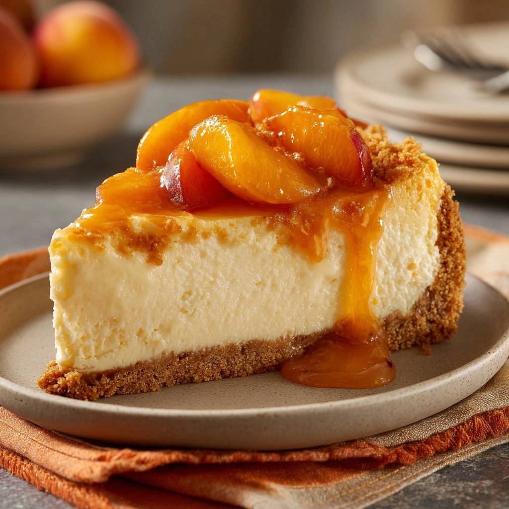 Cremiger Pfirsich-Karamell-Cheesecake mit einem Anti-Matsche-Boden, angeschnitten auf einem Teller mit Karamellsoße