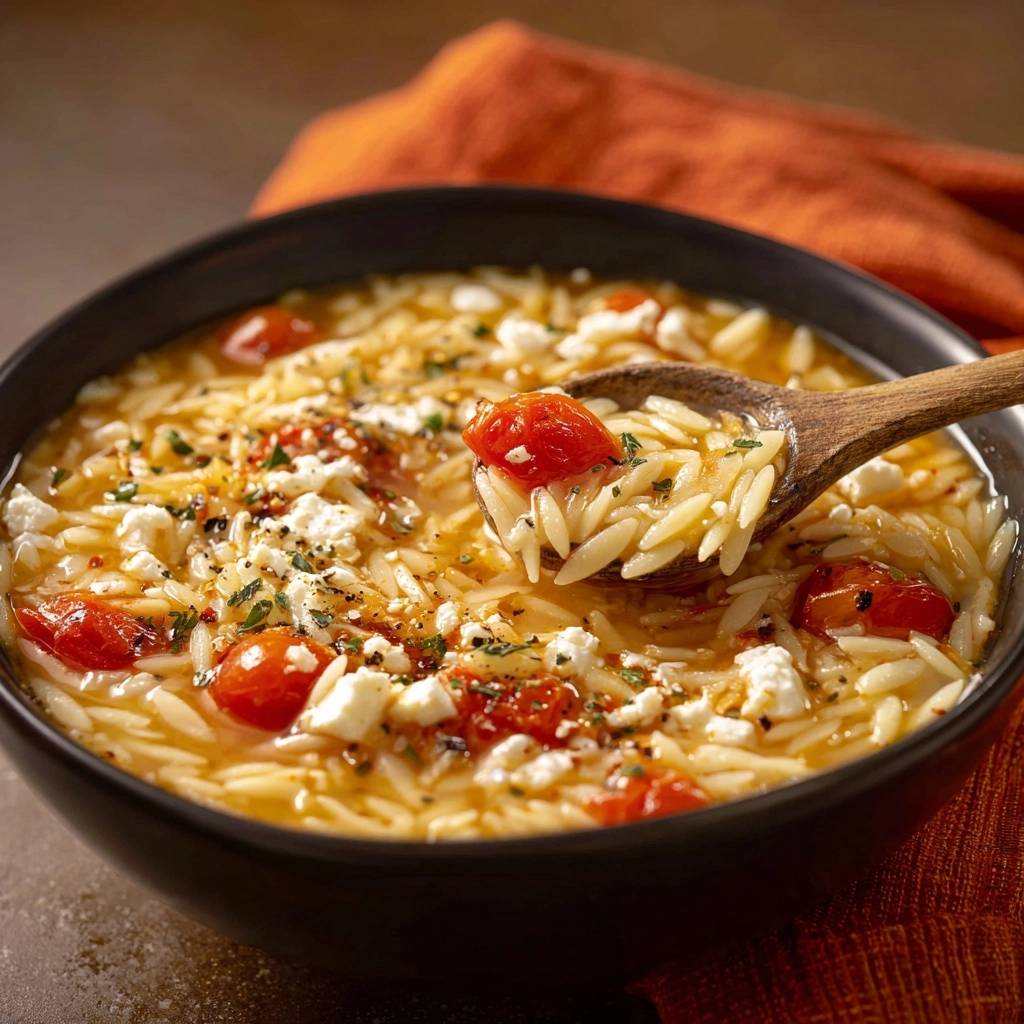 Cremiger Tomaten-Orzo mit Feta, eine Nahaufnahme, die einen Löffel mit dem Gericht zeigt, mit gebackenen Kirschtomaten und zerbröckeltem Käse.