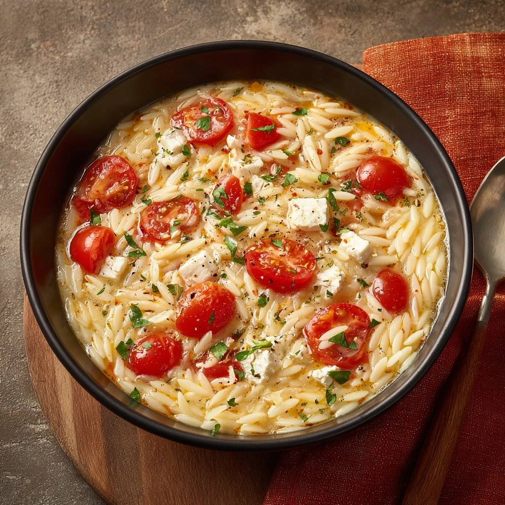 Cremiger Tomaten Orzo Mit Feta Naheinstellung 1 Cremiger Tomaten-Orzo mit Feta, eine Nahaufnahme der cremigen Nudeln mit Kirschtomaten und Feta-Würfeln.