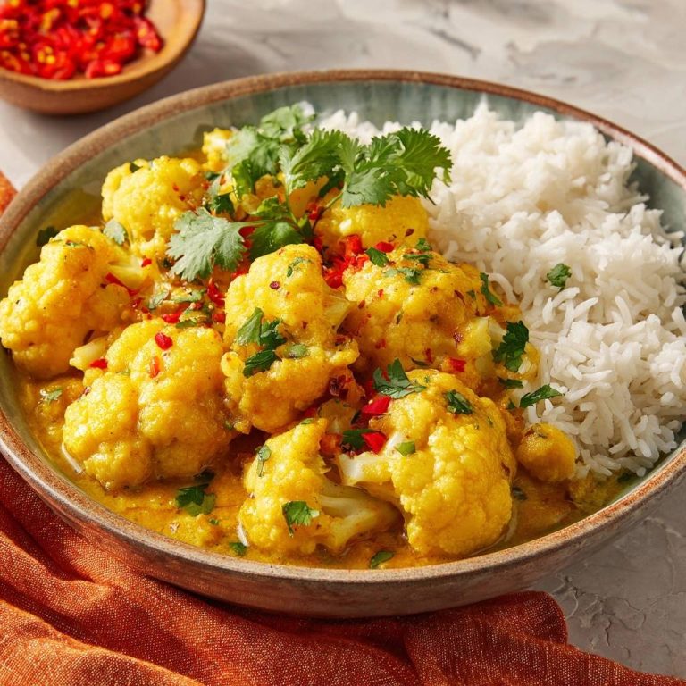Cremiges Blumenkohl-Curry mit Reis, serviert in einer Schüssel und garniert mit frischen Kräutern und Chiliflocken.