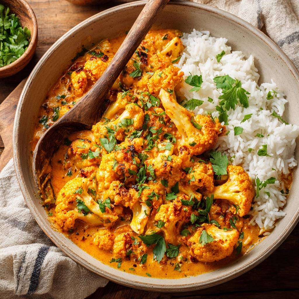 Cremiges Blumenkohl-Curry mit Reis, serviert in einer Schüssel mit einem Holzkochlöffel und garniert mit frischer Petersilie.